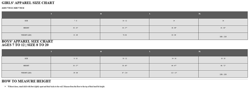 adidas child clothing size chart
